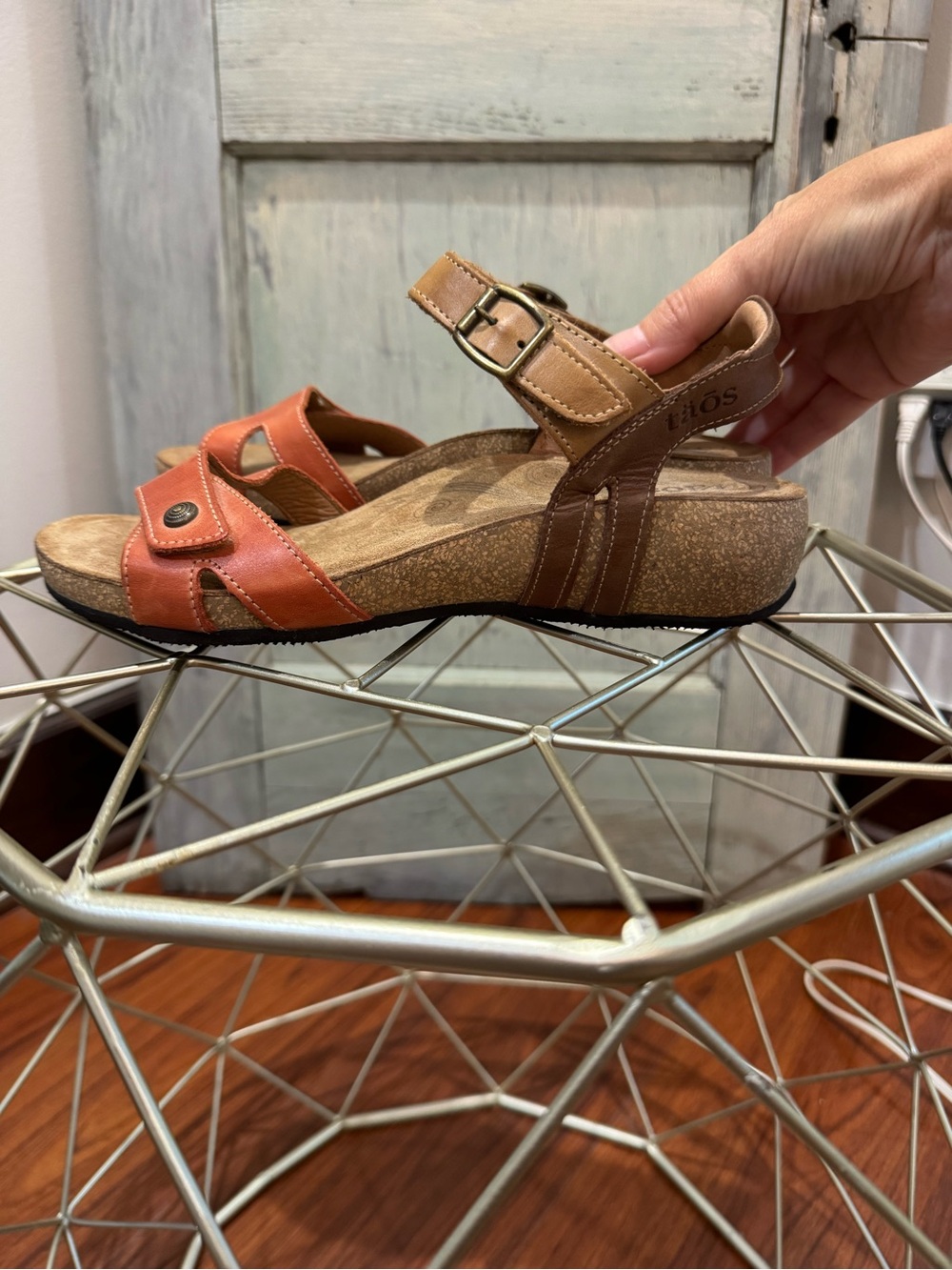Taos Footwear Two-Tone Tan and Orange Leather Sandal - Picture 5 of 7